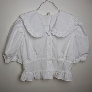 White Cropped Short Puff Sleeve Blouse with Peter Pan Collar
